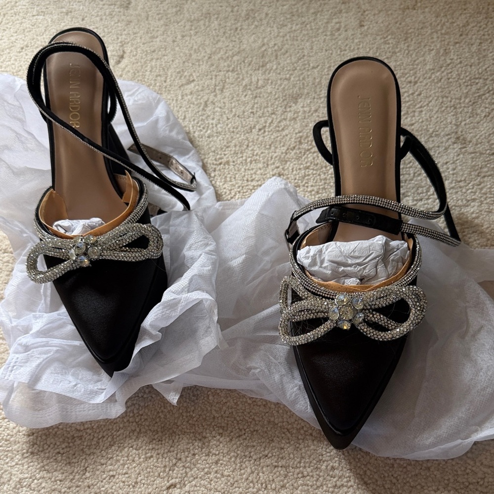 Jenn Ardor Black Pointed Slingback Mules with Crystal Bow